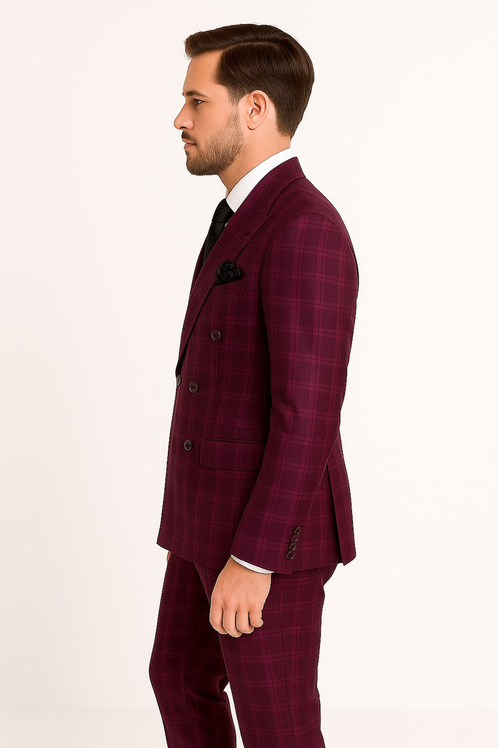 Men's Burgundy Plaid Double-Breasted Suit – Classic Windowpane Formal Two-Piece Suit By Rossiman - Image 4
