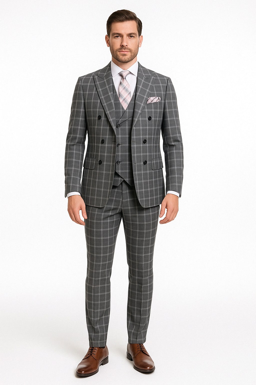 Men’s Gray Checkered 3 Piece DoubleBreasted Suit Slim Fit Formal Ou — free download