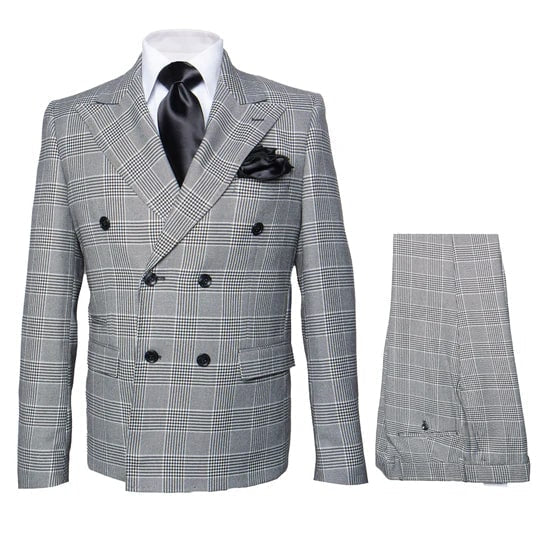 Grey Prince of Wales Check Suit – Rossiman Glen Plaid Double-Breasted Two-Piece for Men - Image 2