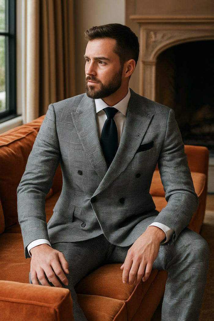Grey Prince of Wales Check Suit – Rossiman Glen Plaid Double-Breasted Two-Piece for Men