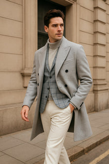 Men's Light Gray Double-Breasted Overcoat with Windowpane Vest – 3-Piece Wool Fabric By Alberto Nardoni