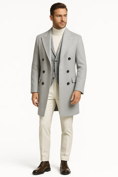 Men's Light Gray Double-Breasted Overcoat with Windowpane Vest – 3-Piece Wool Fabric By Alberto Nardoni - Image 2