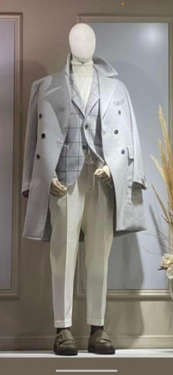 Men's Light Gray Double-Breasted Overcoat with Windowpane Vest – 3-Piece Wool Fabric By Alberto Nardoni - Image 3