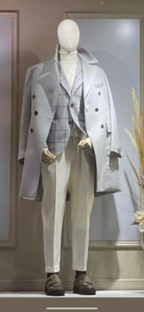 Men's Light Gray Double-Breasted Overcoat with Windowpane Vest – 3-Piece Wool Fabric By Alberto Nardoni - Image 3