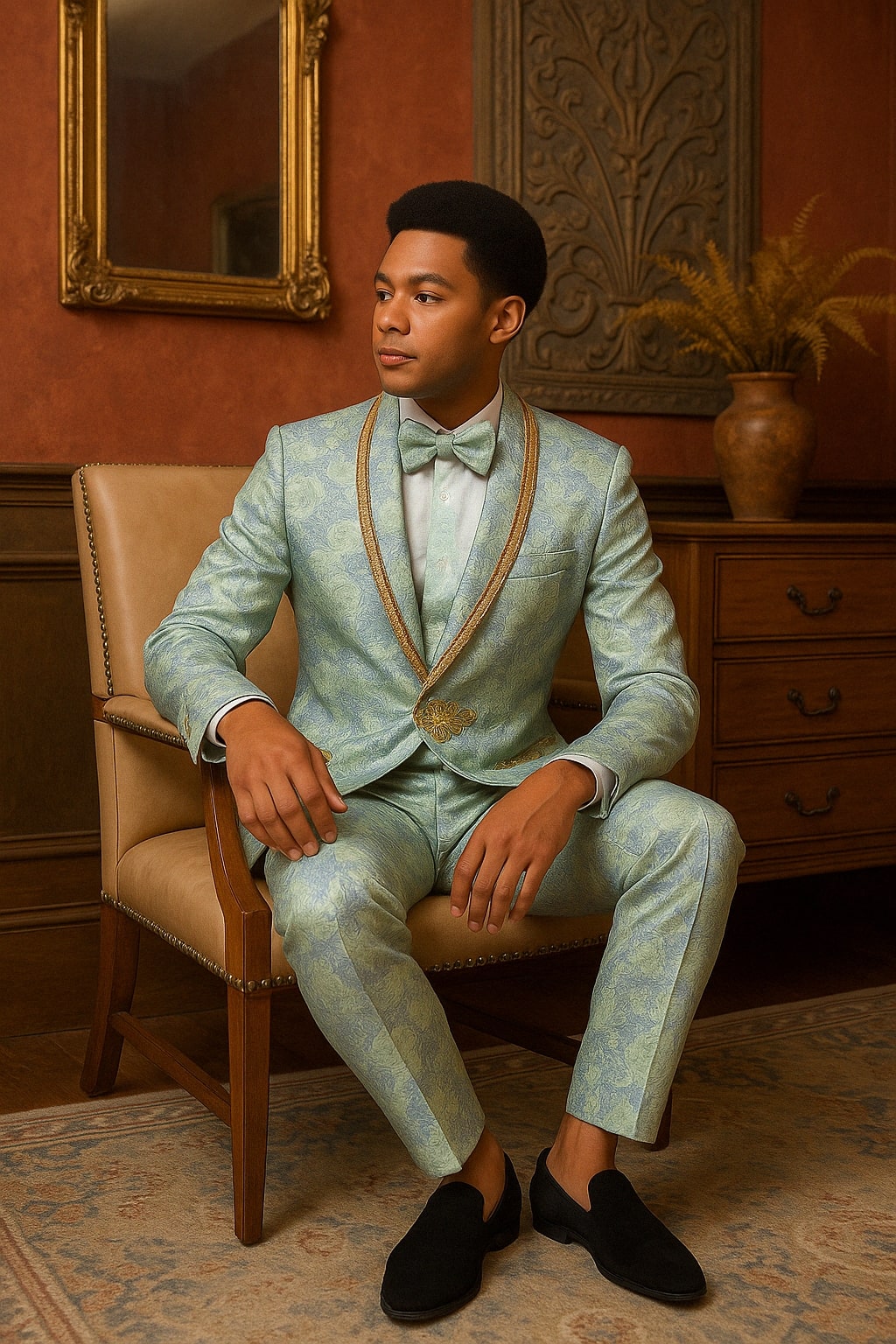 Men's Mint Green - Sage and Gold Trim Collar Floral Brocade Blazer wit ...