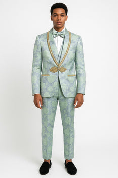 Men's Mint Green - Sage and Gold Trim Collar Floral Brocade Blazer with Gold Embellishments Prom Suit - Image 2