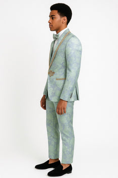Men's Mint Green - Sage and Gold Trim Collar Floral Brocade Blazer with Gold Embellishments Prom Suit - Image 3