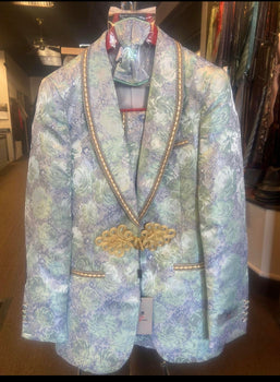 Men's Mint Green - Sage and Gold Trim Collar Floral Brocade Blazer with Gold Embellishments Prom Suit - Image 4