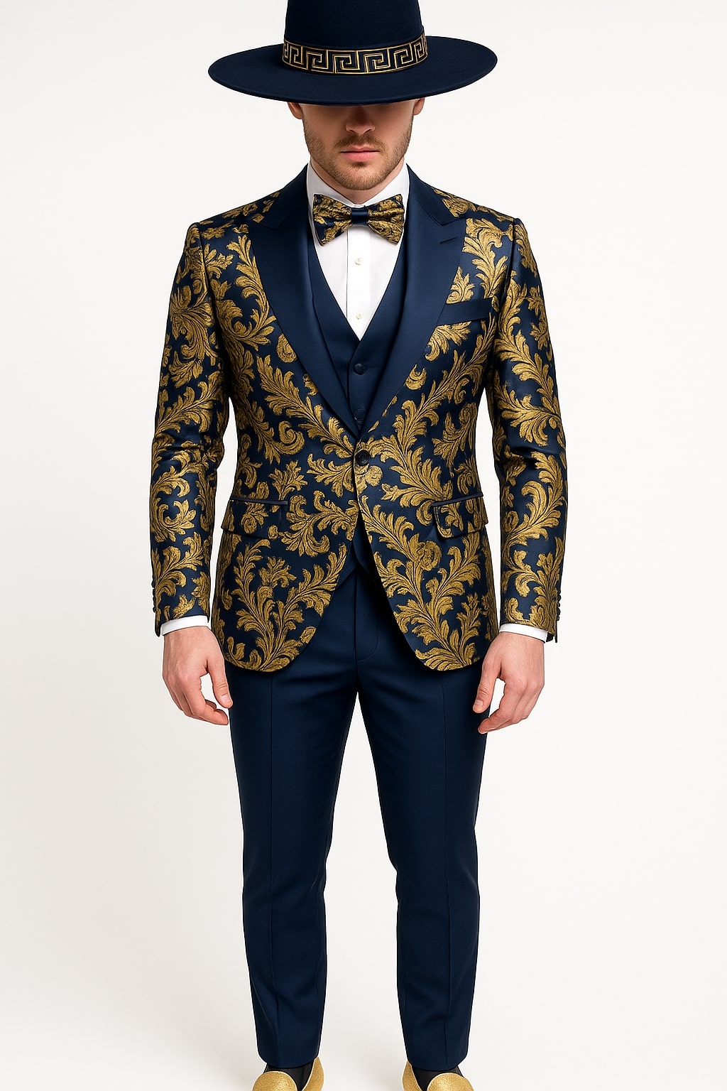 Men's Navy Blue and Gold Baroque Tuxedo Suit with Matching Vest and Bow Tie - Luxury Formalwear - Image 2