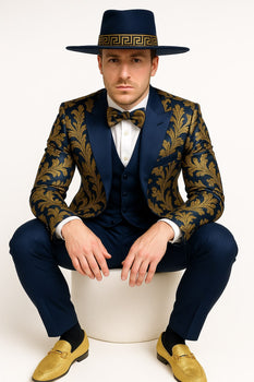 Men's Navy Blue and Gold Baroque Tuxedo Suit with Matching Vest and Bow Tie - Luxury Formalwear - Image 3