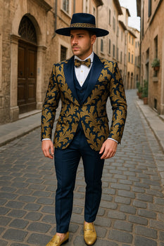 Men's Navy Blue and Gold Baroque Tuxedo Suit with Matching Vest and Bow Tie - Luxury Formalwear - Image 4