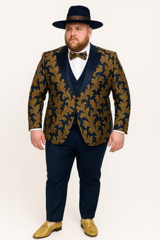 Men's Navy Blue and Gold Baroque Tuxedo Suit with Matching Vest and Bow Tie - Luxury Formalwear - Image 5