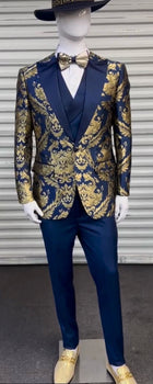Men's Navy Blue and Gold Baroque Tuxedo Suit with Matching Vest and Bow Tie - Luxury Formalwear - Image 6