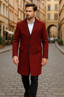 Tartan New Year Christmas Holiday Men’s Red and Black Houndstooth Overcoat – Classic Wool Long Coat - Christmas Tartan Coat