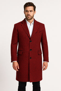 Tartan New Year Christmas Holiday Men’s Red and Black Houndstooth Overcoat – Classic Wool Long Coat - Christmas Tartan Coat