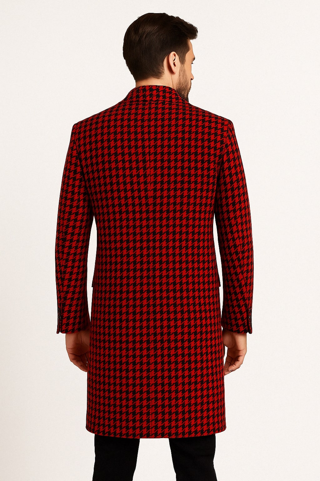 Tartan New Year Christmas Holiday Men’s Red and Black Houndstooth Overcoat – Classic Wool Long Coat - Christmas Tartan Coat