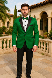 Men's Sateen Emerlad Green Tuxedo Jacket with Black Satin Lapel and Bow Tie – Slim Fit Prom and Party Blazer