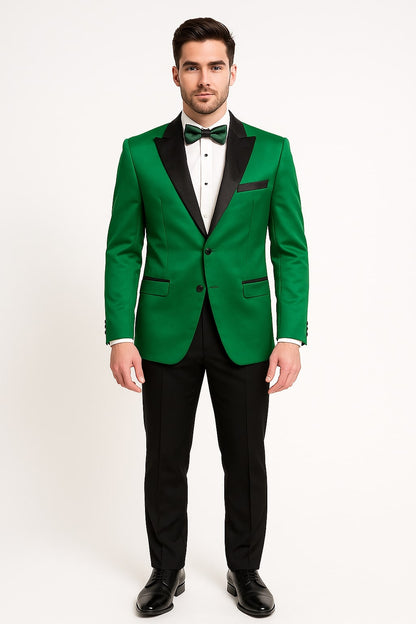Men's Sateen Emerlad Green Tuxedo Jacket with Black Satin Lapel and Bow Tie – Slim Fit Prom and Party Blazer - Image 2