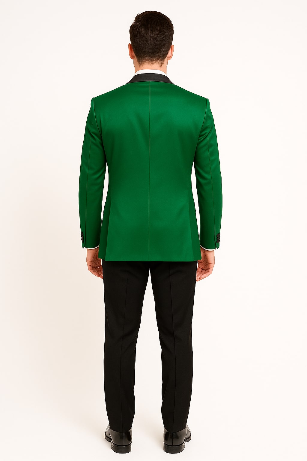 Men's Sateen Emerlad Green Tuxedo Jacket with Black Satin Lapel and Bow Tie – Slim Fit Prom and Party Blazer - Image 3
