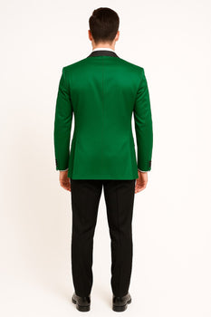 Men's Sateen Emerlad Green Tuxedo Jacket with Black Satin Lapel and Bow Tie – Slim Fit Prom and Party Blazer - Image 3