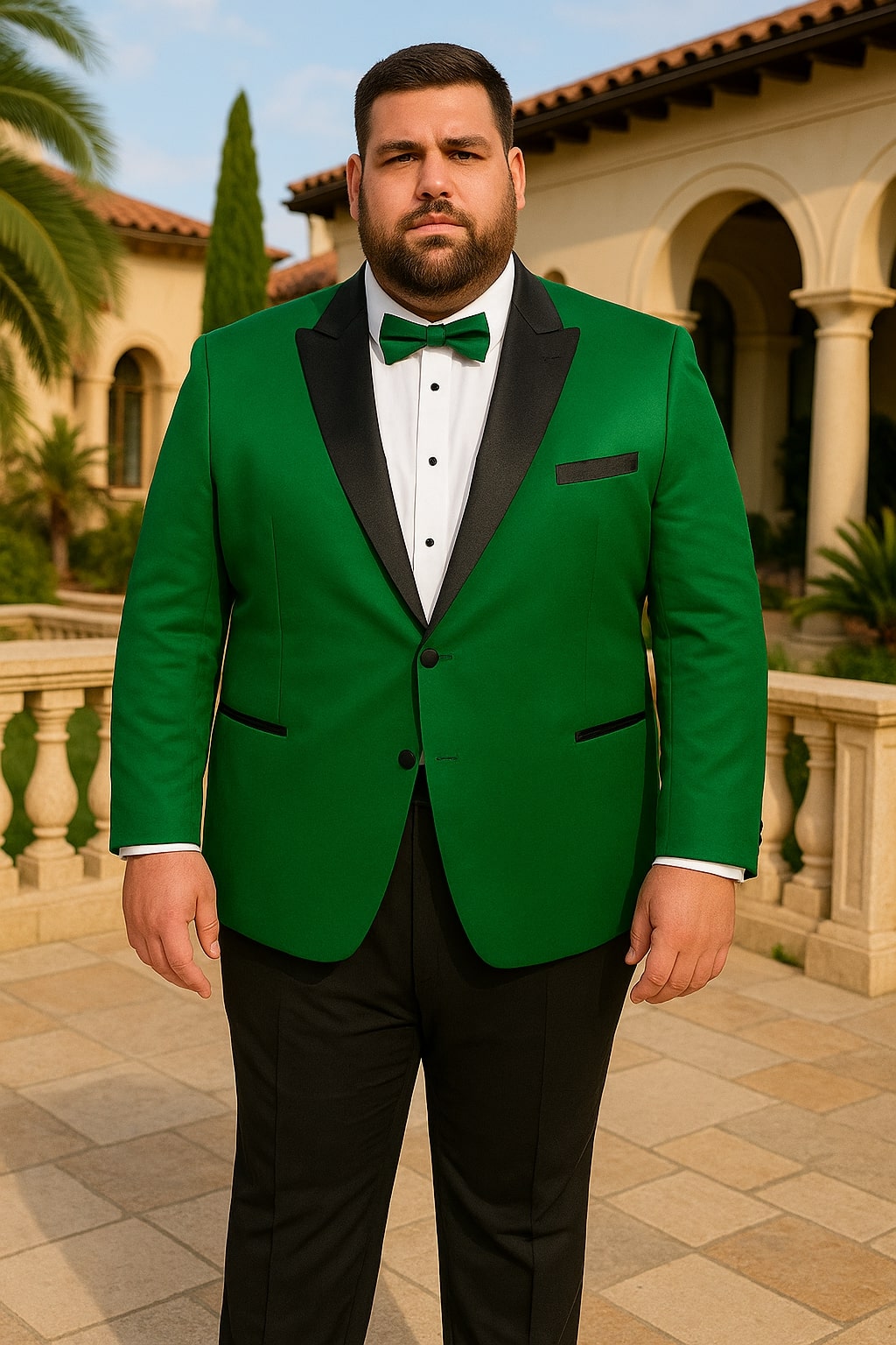 Men's Sateen Emerlad Green Tuxedo Jacket with Black Satin Lapel and Bow Tie – Slim Fit Prom and Party Blazer - Image 4