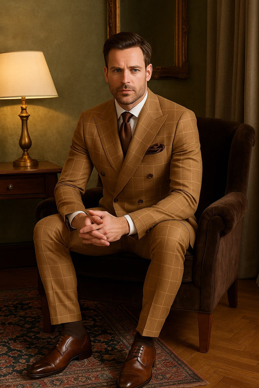 Tan Windowpane Plaid Suit – Rossiman Double-Breasted Men’s Two-Piece in Camel