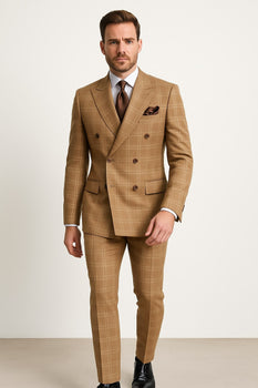 Men's Tan Plaid Double-Breasted Suit – Classic Windowpane Two-Piece Formal Suit - Camel Color Suit By Rossiman - Image 2