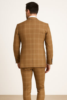 Men's Tan Plaid Double-Breasted Suit – Classic Windowpane Two-Piece Formal Suit - Camel Color Suit By Rossiman - Image 3