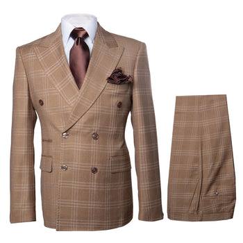 Men's Tan Plaid Double-Breasted Suit – Classic Windowpane Two-Piece Formal Suit - Camel Color Suit By Rossiman - Image 4