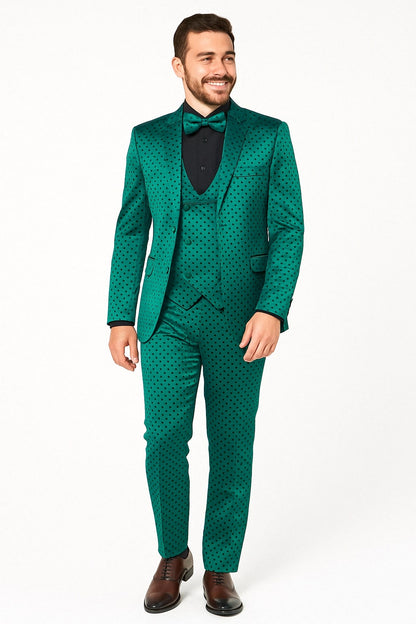 Men's Teal Green Polka Dot Tuxedo with Matching Vest and Bow Tie - Image 2