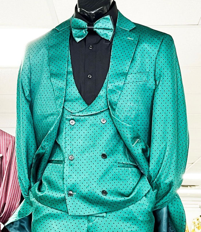 Men's Teal Green Polka Dot Tuxedo with Matching Vest and Bow Tie - Image 4