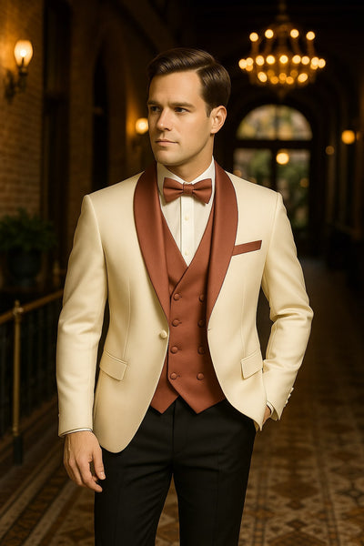 what color tux with rose gold dress Men's Slim Fit Pink Tuxedo Suit with Black Trim for Men, Wedding and Prom Outfit, Rose Gold Blush, All Sizes