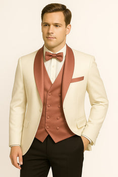 Men's White and Rose Gold Tuxedo with Mauve Satin Vest and Bow Tie – Elegant Formalwear for Weddings and Events - Image 2