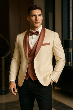 Men's White and Rose Gold Tuxedo with Mauve Satin Vest and Bow Tie – Elegant Formalwear for Weddings and Events - Image 5