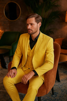 Men's Yellow 3-Piece Suit with Black Dress Shirt – Modern Slim Fit Formal Attire