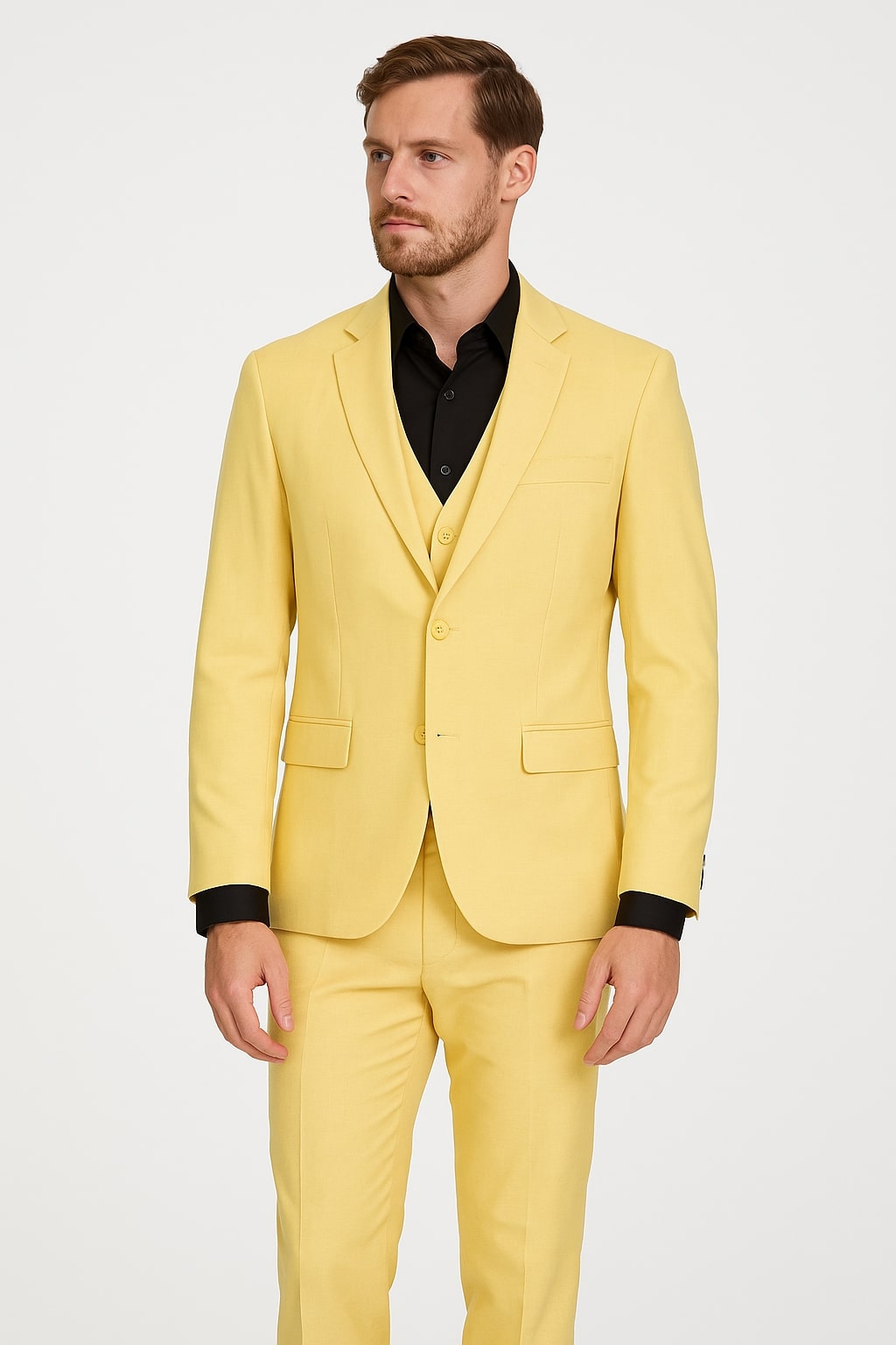 Men's Yellow 3-Piece Suit with Black Dress Shirt – Modern Slim Fit Formal Attire - Image 2