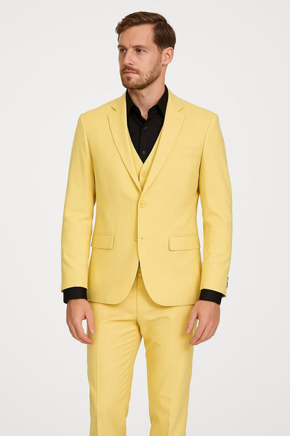 Men's Yellow 3-Piece Suit with Black Dress Shirt – Modern Slim Fit Formal Attire - Image 2