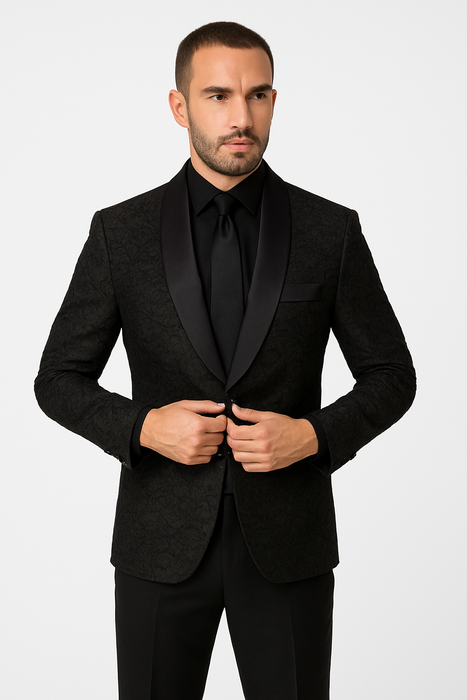 Men's 1 Button Slim Fit Satin Shawl Lapel Black Dinner Jacket