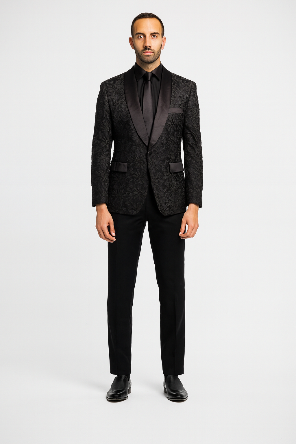 Men's 1 Button Slim Fit Satin Shawl Lapel Black Dinner Jacket