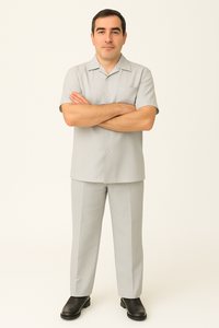 Men's 2 Piece Big Size Grey Linen Short Sleeve Casual Outfit Casual Two Piece Mens Walking Outfit For Sale Pant Sets Suit