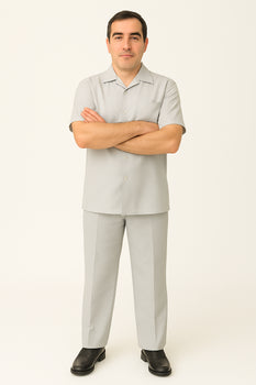 Men's 2 Piece Big Size Grey Linen Short Sleeve Casual Outfit Casual Two Piece Mens Walking Outfit For Sale Pant Sets Suit - Image 7