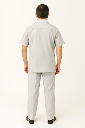 Men's 2 Piece Big Size Grey Linen Short Sleeve Casual Outfit Casual Two Piece Mens Walking Outfit For Sale Pant Sets Suit - Image 2