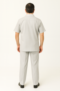 Men's 2 Piece Big Size Grey Linen Short Sleeve Casual Outfit Casual Two Piece Mens Walking Outfit For Sale Pant Sets Suit