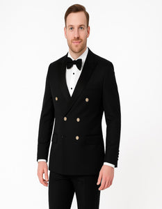 Men’s Black Double-Breasted Tuxedo – Classic Shawl Lapel Suit with Gold Buttons for Weddings, Galas, and Black Tie Events