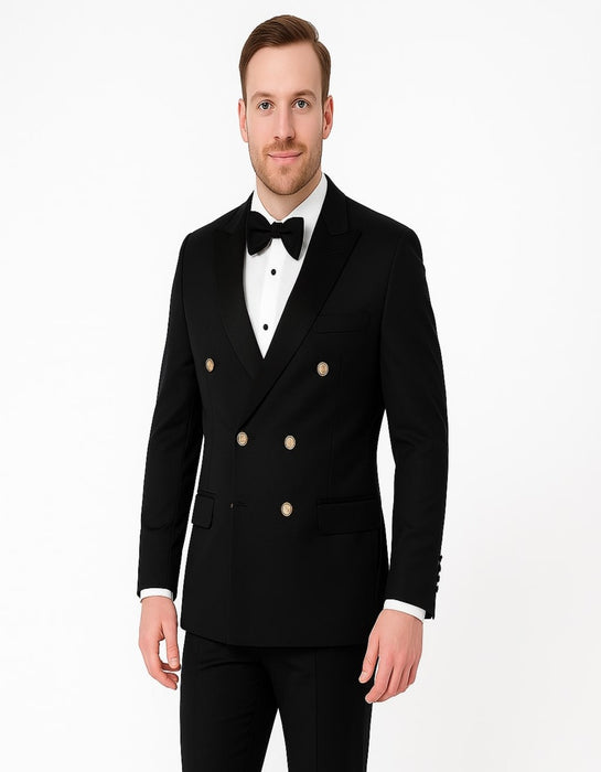 Men’s Black Double-Breasted Tuxedo – Classic Shawl Lapel Suit with Gold Buttons for Weddings, Galas, and Black Tie Events