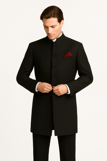 Men's Black Mandarin Collar Nehru Jacket - Image 8