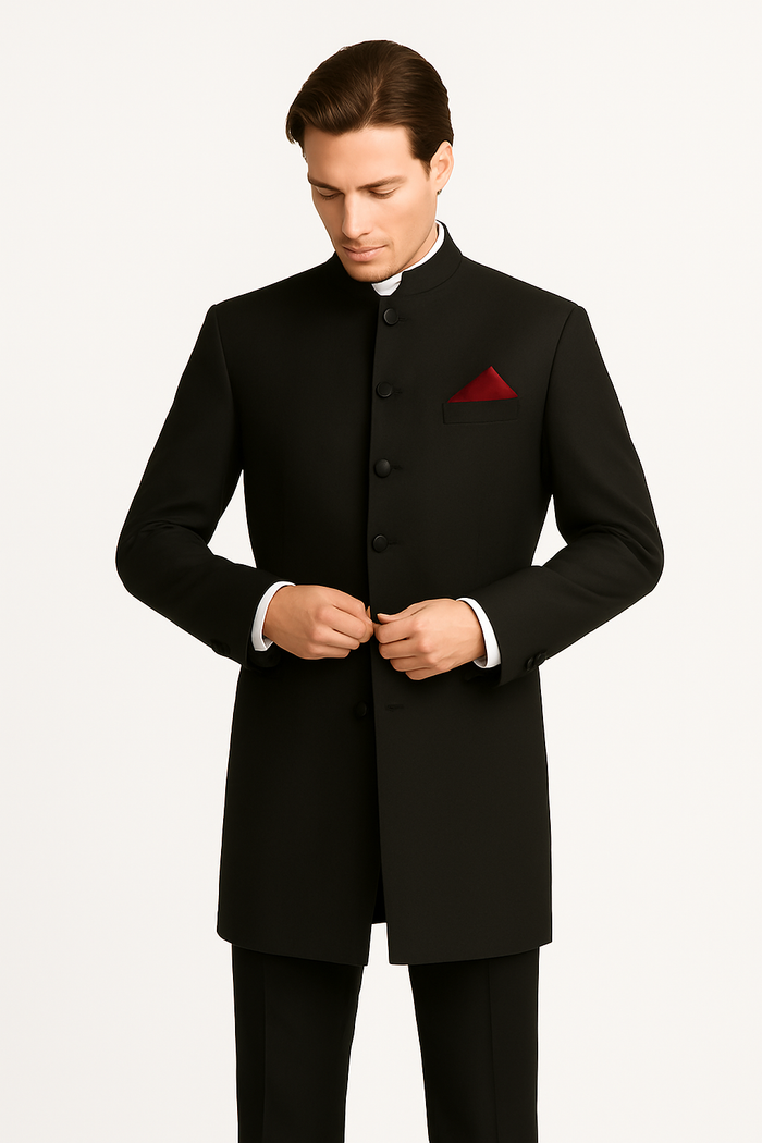 Men's Black Mandarin Collar Nehru Jacket - Image 8