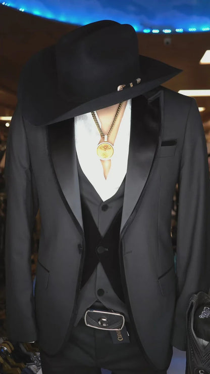 Mens Black Western Suit Blazer with Satin Lapel – Modern Cowboy Formal Jacket