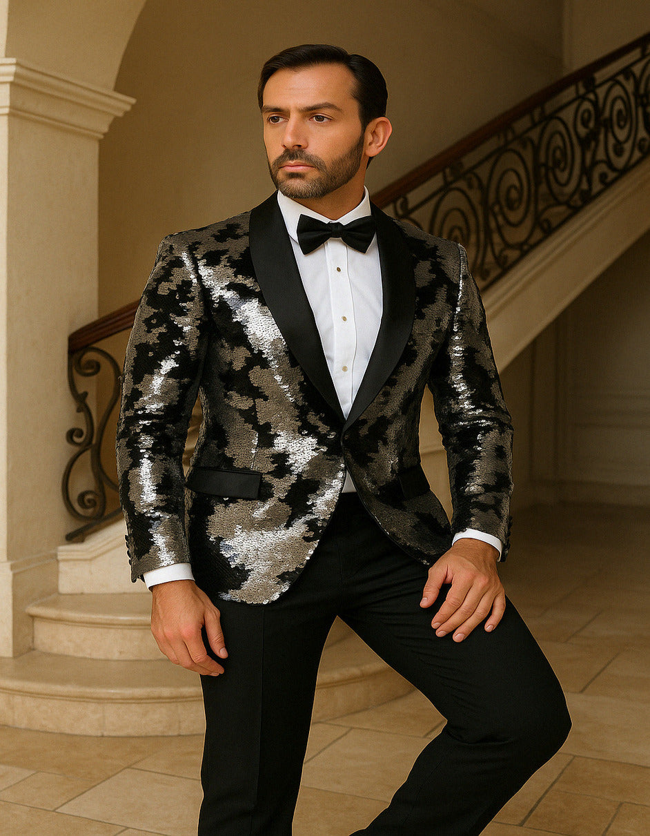 Men's Black and Silver Gray Sequin Tuxedo Blazer With Black Pants — MensUSA