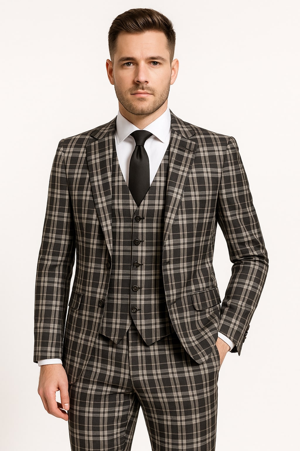 Men's Black and White Plaid Three-Piece Suit – Modern Slim Fit Tuxedo for Church and Business - Image 4